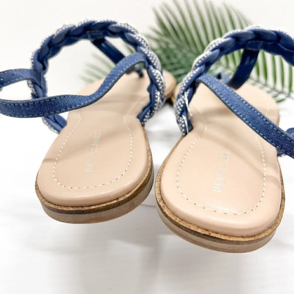 Draper James Blue Julianna Braided Embellished T-Strap Flat Sandals Size 10